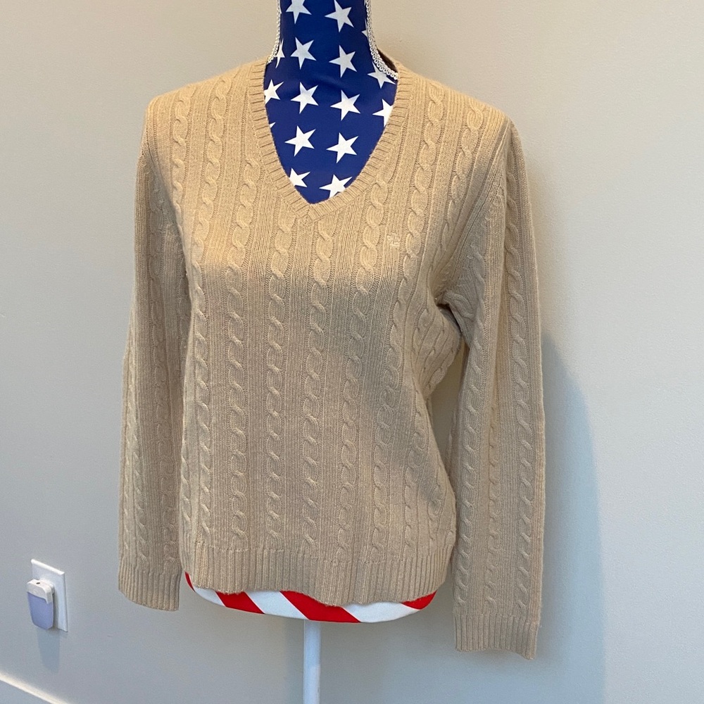 Ralph Lauren Beige V-Neck 100% Cashmere Cable Knit Sweater